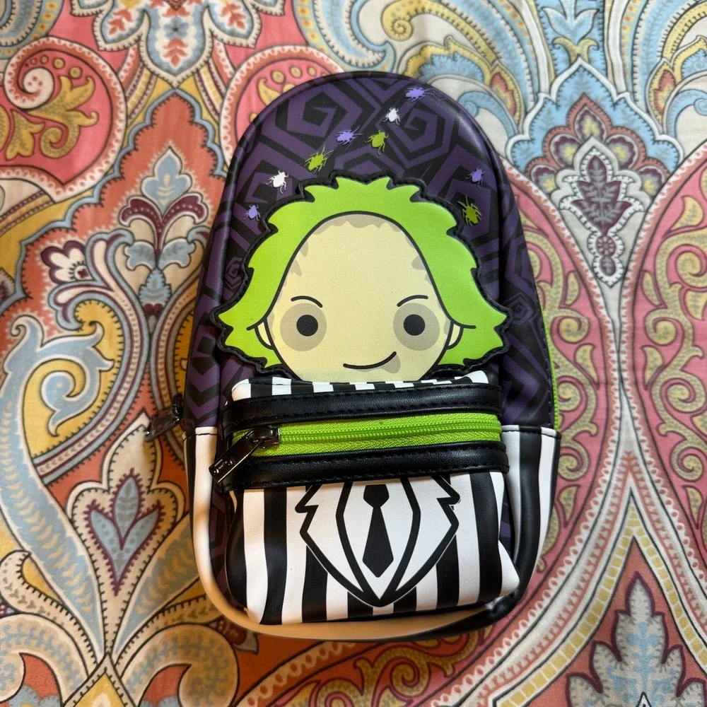 Loungefly Beetlejuice Chibi Mini Backpack Sling Bag Purple Green Striped Suit‎